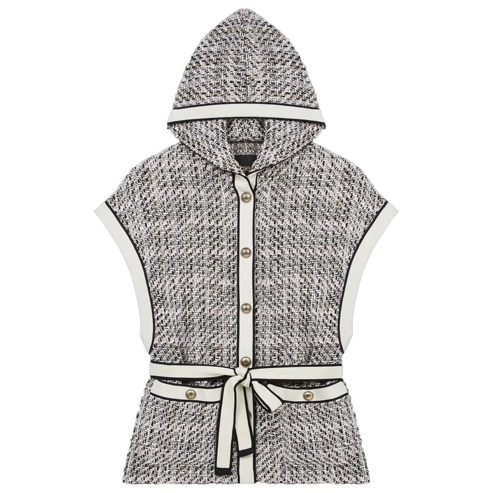 Maje Black and White Tweed Hooded Caplet Vest size S